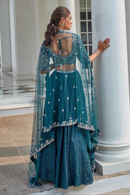 Shop Amitabh Malhotra Green Chanderi Embroidery Mirror V Neck Swirl Textured Lehenga Set at Aza Fashions Shop_Amitabh Malhotra_Green Chanderi Embroidery Mirror V Neck Swirl Textured Lehenga Set_at_Aza_Fashions