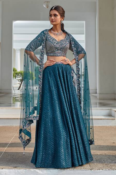 Amitabh Malhotra Green Chanderi Embroidery Mirror V Neck Swirl Textured Lehenga Set Online at Aza Fashions Amitabh Malhotra_Green Chanderi Embroidery Mirror V Neck Swirl Textured Lehenga Set_Online_at_Aza_Fashions