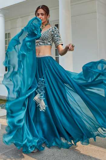 Amitabh Malhotra_Blue Chanderi Embroidery Luneville Floral Sweetheart Lehenga And Blouse Set_Online_at_Aza_Fashions