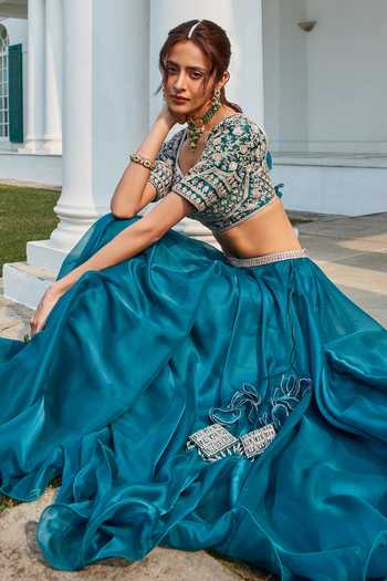 Buy_Amitabh Malhotra_Blue Chanderi Embroidery Luneville Floral Sweetheart Lehenga And Blouse Set_Online_at_Aza_Fashions