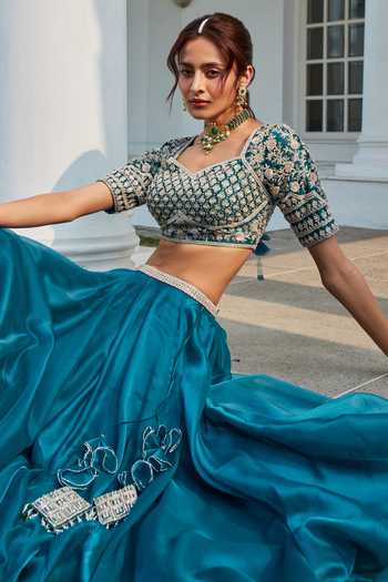 Shop_Amitabh Malhotra_Blue Chanderi Embroidery Luneville Floral Sweetheart Lehenga And Blouse Set_Online_at_Aza_Fashions