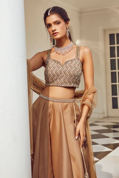 Shop_Amitabh Malhotra_Beige Chanderi Embellished Chevron Shimmer Finish And Set_Online_at_Aza_Fashions