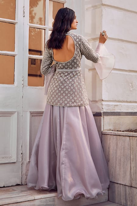 Amitabh Malhotra Trellis Floral Embroidered Tunic & Skirt Set 