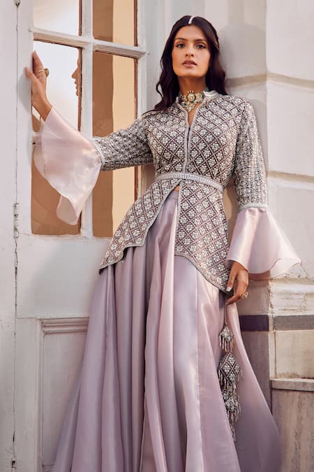 Buy_Amitabh Malhotra_Pink Chanderi And Italian Organza Embroidery Floral Trellis Tunic & Skirt Set _Online_at_Aza_Fashions