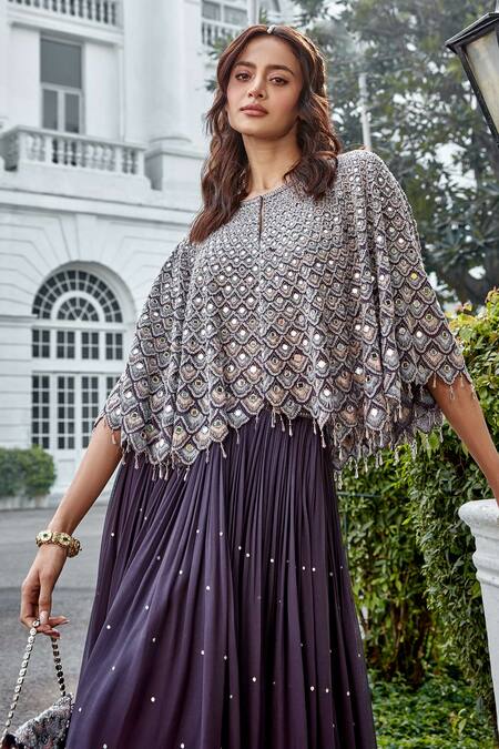 Buy_Amitabh Malhotra_Grey Georgette Embroidery Scallop Round Neck Shell Cape And Skirt Set  _Online_at_Aza_Fashions