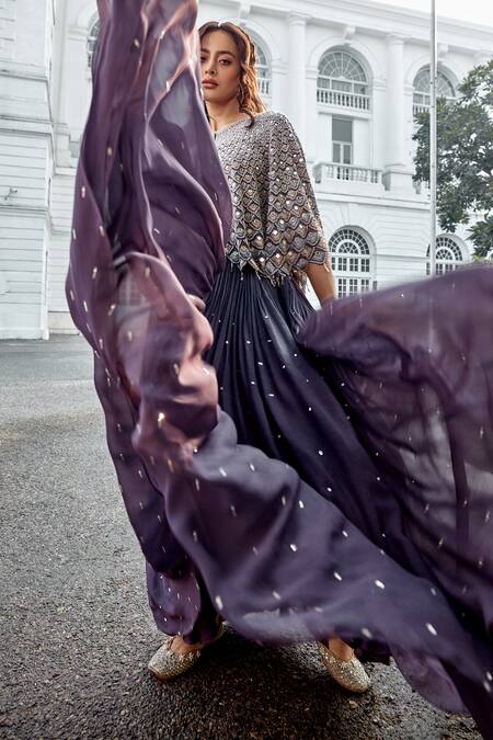 Amitabh Malhotra_Grey Georgette Embroidery Scallop Round Neck Shell Cape And Skirt Set  _at_Aza_Fashions