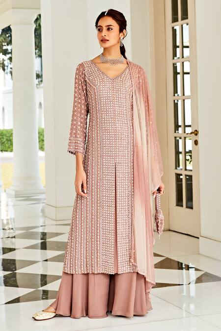Buy_Amitabh Malhotra_Pink Georgette And Soft Net Embroidery & Mirror Tunic & Sharara Set  _Online_at_Aza_Fashions