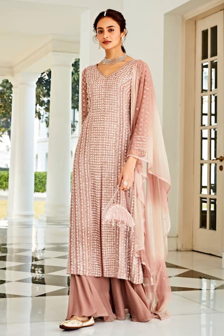 Shop_Amitabh Malhotra_Pink Georgette And Soft Net Embroidery & Mirror Tunic & Sharara Set  _Online_at_Aza_Fashions