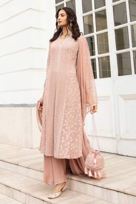 Buy_Amitabh Malhotra_Pink Georgette And Soft Net Embroidery & Beads Tunic & Sharara Set  _Online_at_Aza_Fashions