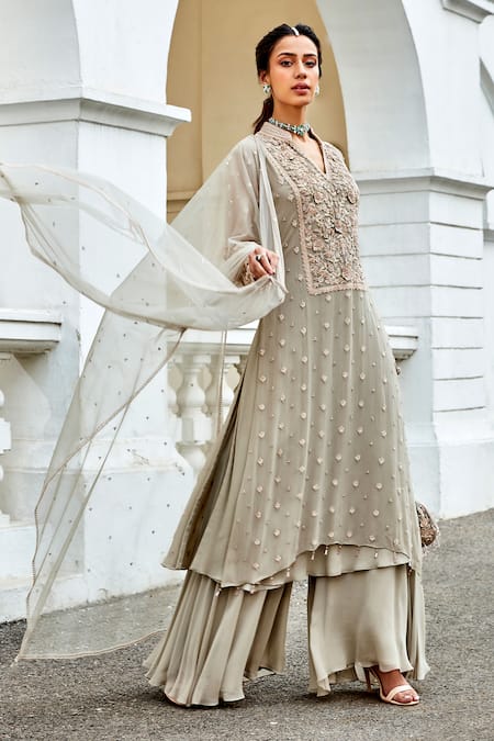 Amitabh Malhotra Grey Georgette And Soft Net Embroidery Floral Yoke Tunic & Sharara Set 