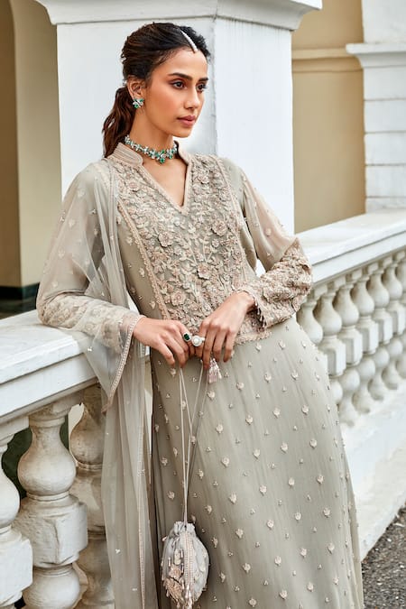 Buy_Amitabh Malhotra_Grey Georgette, Net Sequins, Beads, Crystals, Floral Yoke Tunic And Sharara Set _Online_at_Aza_Fashions
