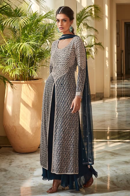 Buy_Amitabh Malhotra_Blue Georgette, Net Sequins, Crystals, Floral Embroidered Tunic And Sharara Set _Online_at_Aza_Fashions