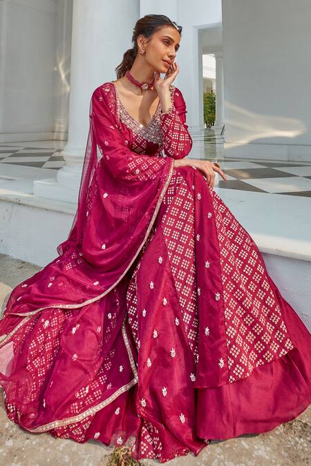 Buy_Amitabh Malhotra_Wine Chanderi And Organza Embroidery Zari V Neck Anarkali With Dupatta _Online_at_Aza_Fashions