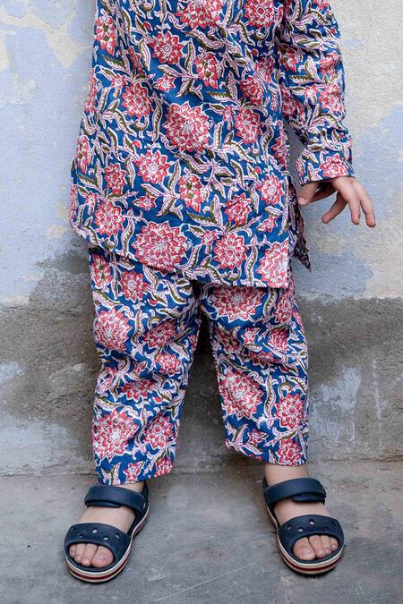 Shop_Gulabo Jaipur_Blue Cotton Embroidery Floral Print Straight Kurta And Pyjama Set_Online_at_Aza_Fashions