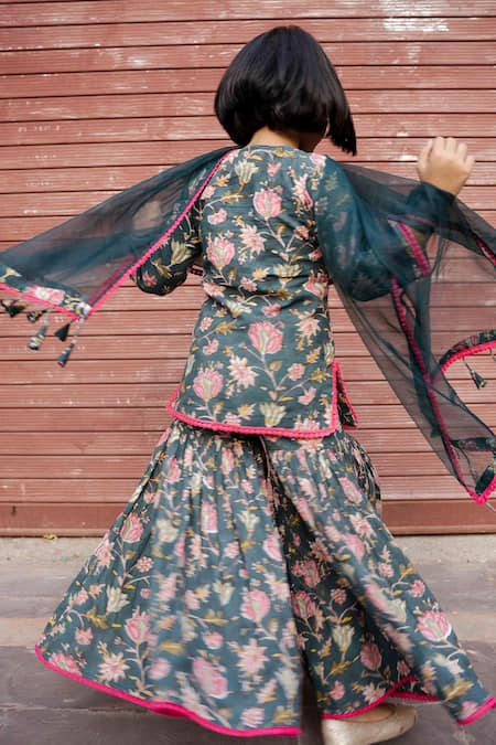 Shop Gulabo Jaipur Green Cotton, Chiffon Lace, Tassels, Khubani Block Print Kurta Gharara Set at Aza Fashions Shop_Gulabo Jaipur_Green Cotton, Chiffon Lace, Tassels, Khubani Block Print Kurta Gharara Set _at_Aza_Fashions