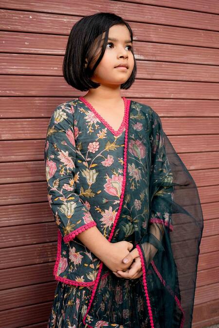 Gulabo Jaipur Green Cotton, Chiffon Lace, Tassels, Khubani Block Print Kurta Gharara Set Online at Aza Fashions Gulabo Jaipur_Green Cotton, Chiffon Lace, Tassels, Khubani Block Print Kurta Gharara Set _Online_at_Aza_Fashions