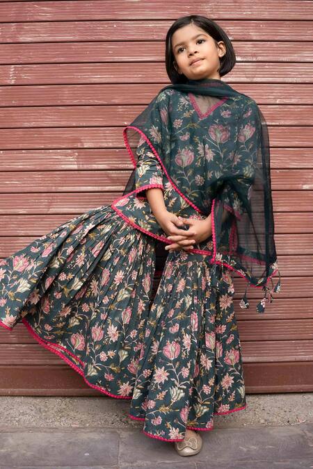 Buy Gulabo Jaipur Green Cotton, Chiffon Lace, Tassels, Khubani Block Print Kurta Gharara Set Online at Aza Fashions Buy_Gulabo Jaipur_Green Cotton, Chiffon Lace, Tassels, Khubani Block Print Kurta Gharara Set _Online_at_Aza_Fashions