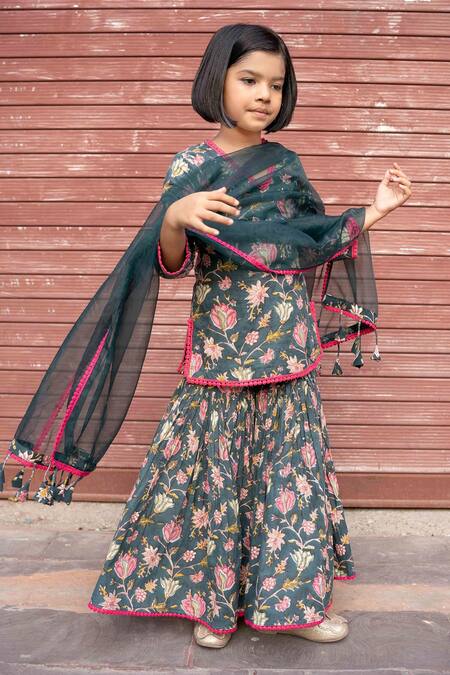 Shop Gulabo Jaipur Green Cotton, Chiffon Lace, Tassels, Khubani Block Print Kurta Gharara Set Online at Aza Fashions Shop_Gulabo Jaipur_Green Cotton, Chiffon Lace, Tassels, Khubani Block Print Kurta Gharara Set _Online_at_Aza_Fashions