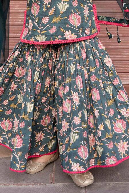 Gulabo Jaipur Green Cotton, Chiffon Lace, Tassels, Khubani Block Print Kurta Gharara Set at Aza Fashions Gulabo Jaipur_Green Cotton, Chiffon Lace, Tassels, Khubani Block Print Kurta Gharara Set _at_Aza_Fashions