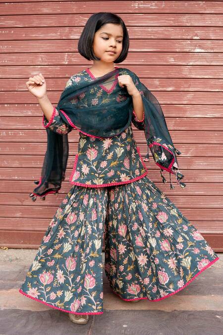 Buy Gulabo Jaipur Green Cotton, Chiffon Lace, Tassels, Khubani Block Print Kurta Gharara Set Buy_Gulabo Jaipur_Green Cotton, Chiffon Lace, Tassels, Khubani Block Print Kurta Gharara Set