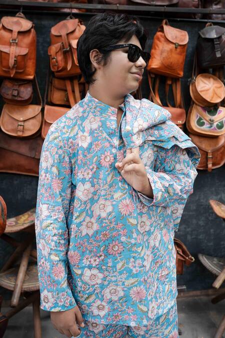 Gulabo Jaipur_Blue Cotton Embroidery Sky Floral Block Print Kurta Set_Online_at_Aza_Fashions