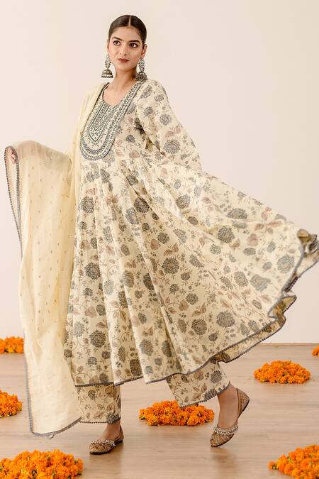 Buy_Gulabo Jaipur_Off White Cotton Embroidery, Sequins Round Neck Floral Print Anarkali Set_Online_at_Aza_Fashions