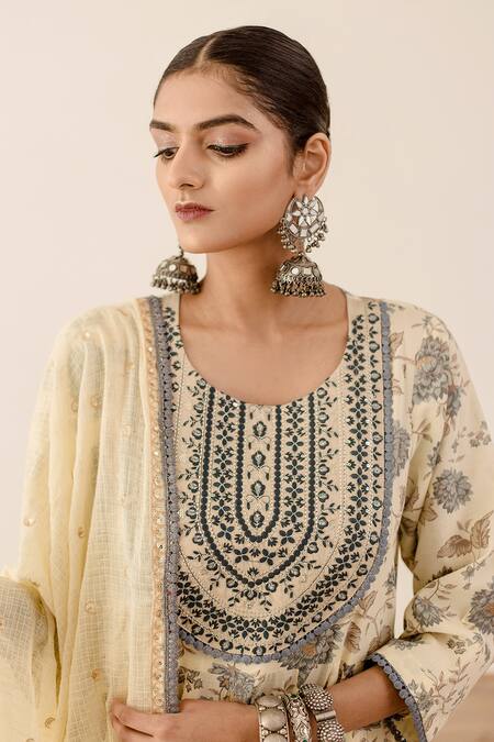 Shop_Gulabo Jaipur_Off White Cotton Embroidery, Sequins Round Neck Floral Print Anarkali Set_Online_at_Aza_Fashions