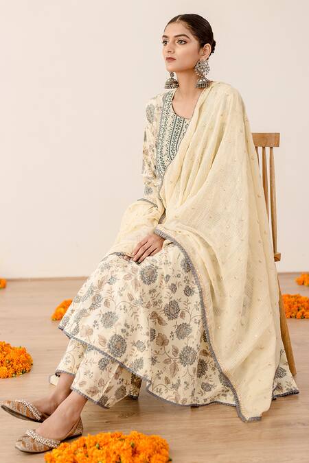 Gulabo Jaipur_Off White Cotton Embroidery, Sequins Round Neck Floral Print Anarkali Set_at_Aza_Fashions