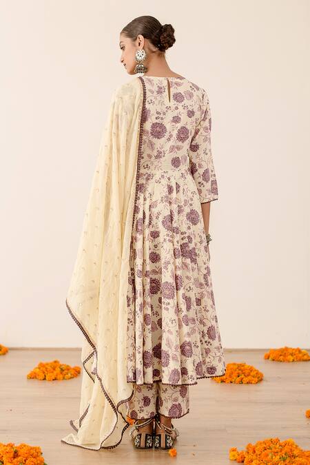 Shop Gulabo Jaipur Off White Cotton Embroidery, Sequins Round Neck Floral Print Anarkali Set at Aza Fashions Shop_Gulabo Jaipur_Off White Cotton Embroidery, Sequins Round Neck Floral Print Anarkali Set_at_Aza_Fashions