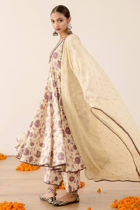 Gulabo Jaipur Off White Cotton Embroidery, Sequins Round Neck Floral Print Anarkali Set Online at Aza Fashions Gulabo Jaipur_Off White Cotton Embroidery, Sequins Round Neck Floral Print Anarkali Set_Online_at_Aza_Fashions