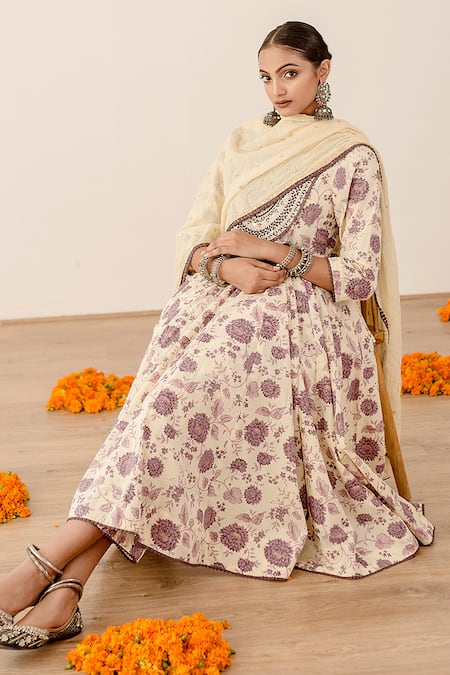 Shop Gulabo Jaipur Off White Cotton Embroidery, Sequins Round Neck Floral Print Anarkali Set Online at Aza Fashions Shop_Gulabo Jaipur_Off White Cotton Embroidery, Sequins Round Neck Floral Print Anarkali Set_Online_at_Aza_Fashions