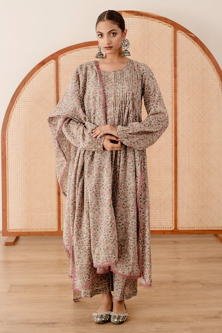Gulabo Jaipur_Grey Cotton Embroidery, Lace Round Abaya Floral Block Print Anarkali Pant Set _Online_at_Aza_Fashions