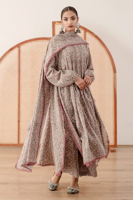 Buy_Gulabo Jaipur_Grey Cotton Embroidery, Lace Round Abaya Floral Block Print Anarkali Pant Set _Online_at_Aza_Fashions