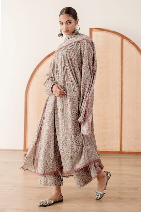 Shop_Gulabo Jaipur_Grey Cotton Embroidery, Lace Round Abaya Floral Block Print Anarkali Pant Set _Online_at_Aza_Fashions