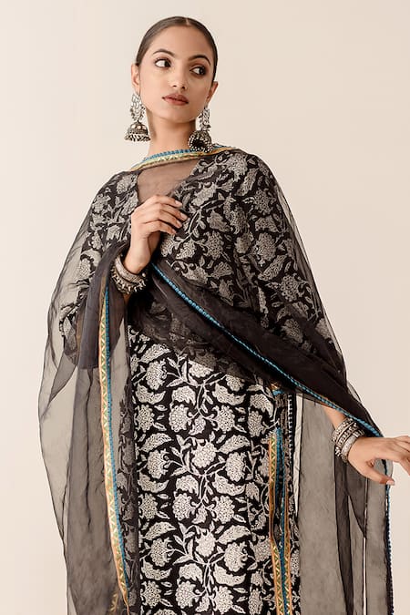 Gulabo Jaipur_Black Cotton Lace, Embroidery, Floral Block Print Kurta Pant Set With Dupatta _Online_at_Aza_Fashions