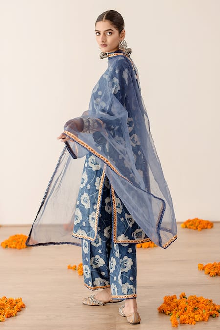 Buy_Gulabo Jaipur_Blue Cotton, Chiffon Lace, Embroidery V-neck Dia Floral Print Kurta Pant Set _Online_at_Aza_Fashions