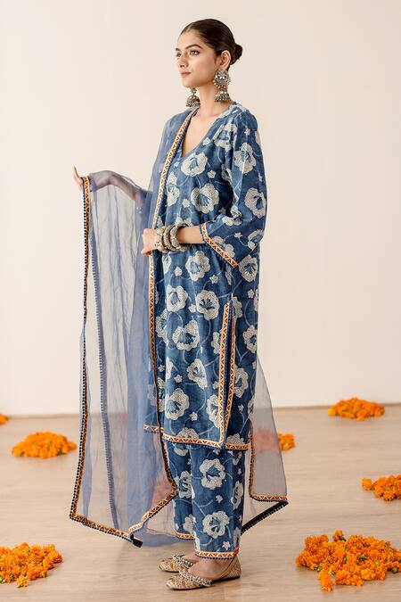 Shop_Gulabo Jaipur_Blue Cotton, Chiffon Lace, Embroidery V-neck Dia Floral Print Kurta Pant Set _Online_at_Aza_Fashions