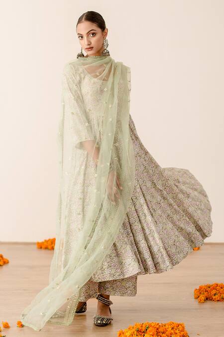 Shop Gulabo Jaipur Green Muslin Embroidery, Sequins Khushi Floral Digital Print Anarkali Pant Set at Aza Fashions Shop_Gulabo Jaipur_Green Muslin Embroidery, Sequins Khushi Floral Digital Print Anarkali Pant Set_at_Aza_Fashions