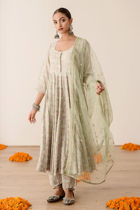 Buy Gulabo Jaipur Green Muslin Embroidery, Sequins Khushi Floral Digital Print Anarkali Pant Set Online at Aza Fashions Buy_Gulabo Jaipur_Green Muslin Embroidery, Sequins Khushi Floral Digital Print Anarkali Pant Set_Online_at_Aza_Fashions