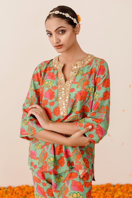 Buy Gulabo Jaipur Green Muslin Embroidery, Mirrors Split Rain Floral Digital Print Top And Pant Set Online at Aza Fashions Buy_Gulabo Jaipur_Green Muslin Embroidery, Mirrors Split Rain Floral Digital Print Top And Pant Set_Online_at_Aza_Fashions
