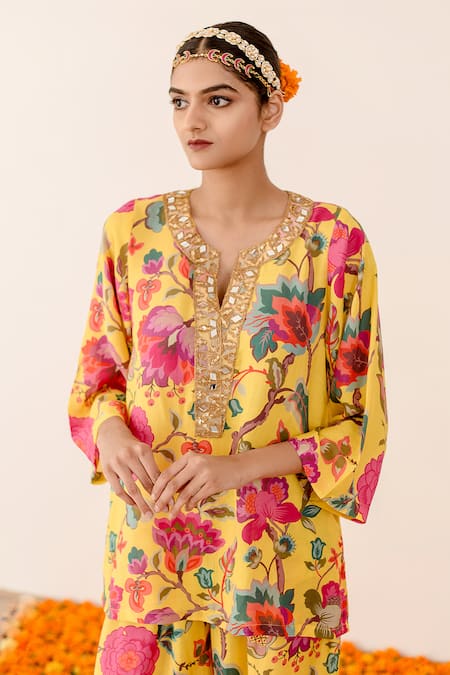 Gulabo Jaipur_Yellow Muslin Embroidery Split V-neck Rain Floral Print Top And Pant Set_Online_at_Aza_Fashions