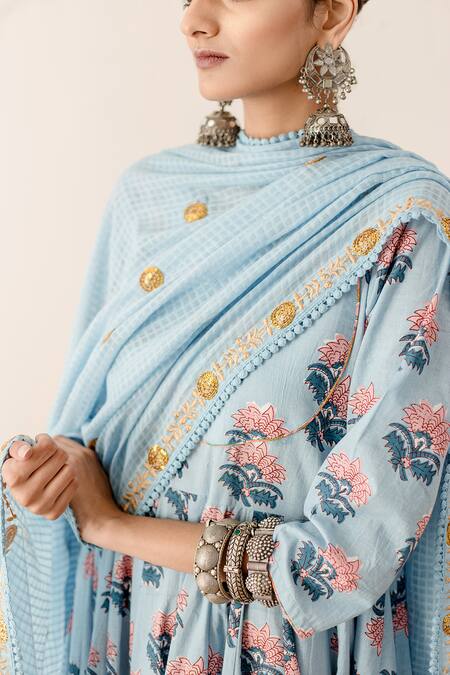 Gulabo Jaipur_Blue Cotton Embroidery, Lace Roshan Floral Hand Block Print Anarkali Pant Set _Online_at_Aza_Fashions