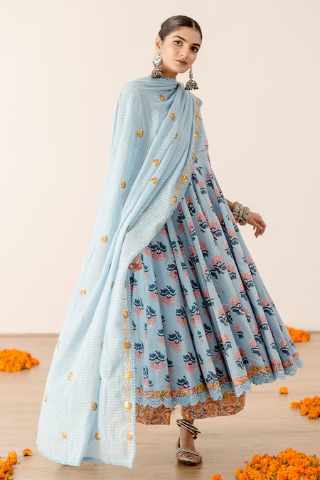 Shop_Gulabo Jaipur_Blue Cotton Embroidery, Lace Roshan Floral Hand Block Print Anarkali Pant Set _Online_at_Aza_Fashions