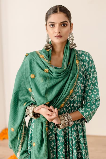 Gulabo Jaipur_Green Cotton Lace, Gota Patti Round Roshan Hand Block Print Anarkali Pant Set _Online_at_Aza_Fashions