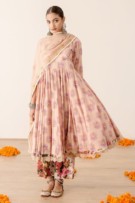 Gulabo Jaipur Peach Cotton Embroidery, Lace Round Neck Roshan Floral Print Anarkali Pant Set 