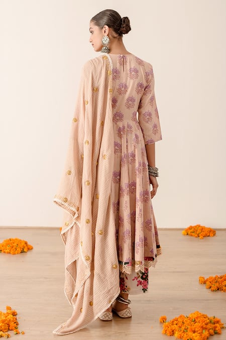 Shop_Gulabo Jaipur_Peach Cotton Embroidery, Lace Round Neck Roshan Floral Print Anarkali Pant Set _at_Aza_Fashions