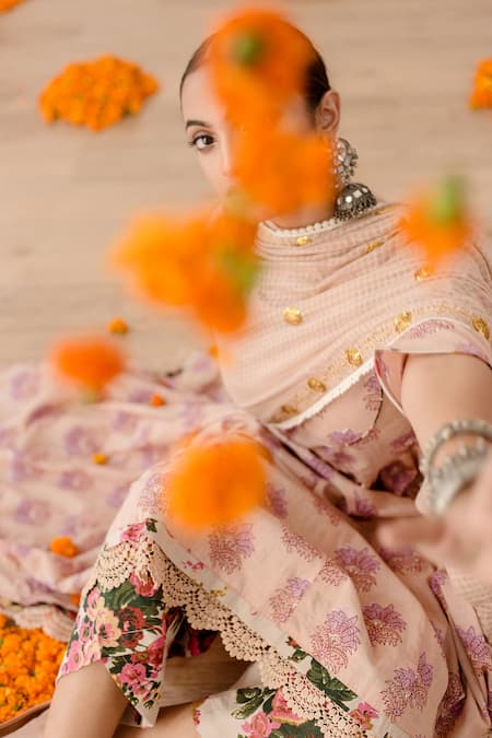 Buy_Gulabo Jaipur_Peach Cotton Embroidery, Lace Round Neck Roshan Floral Print Anarkali Pant Set _Online_at_Aza_Fashions