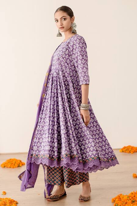 Gulabo Jaipur_Purple Cotton Lace Round Neck Roshan Block Print Anarkali Pant Set _Online_at_Aza_Fashions