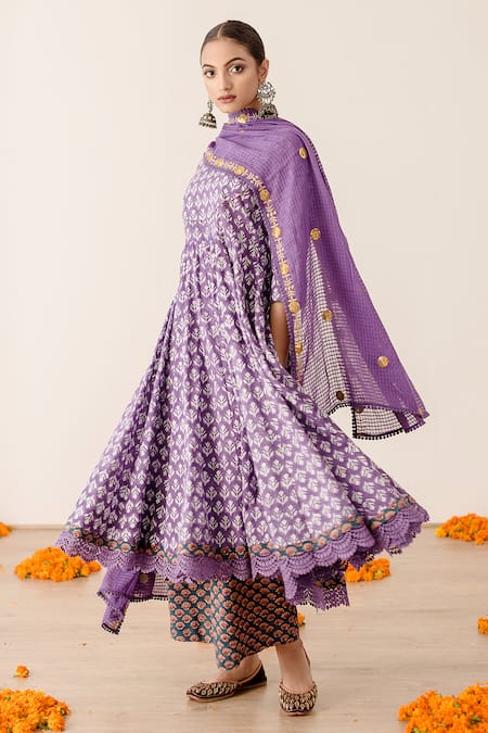 Buy_Gulabo Jaipur_Purple Cotton Lace Round Neck Roshan Block Print Anarkali Pant Set _Online_at_Aza_Fashions