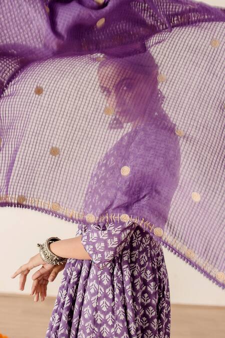 Gulabo Jaipur_Purple Cotton Lace Round Neck Roshan Block Print Anarkali Pant Set _at_Aza_Fashions